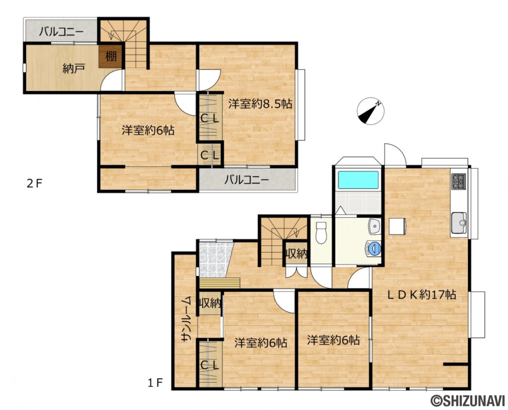 【リフォーム後間取り図】耐震補強工事、フローリングの重ね張り、クロス張替え、建具交換、水回り設備の交換、照明交換等を行いました。部屋数や収納が多く、サンルームもついている点が魅力です。