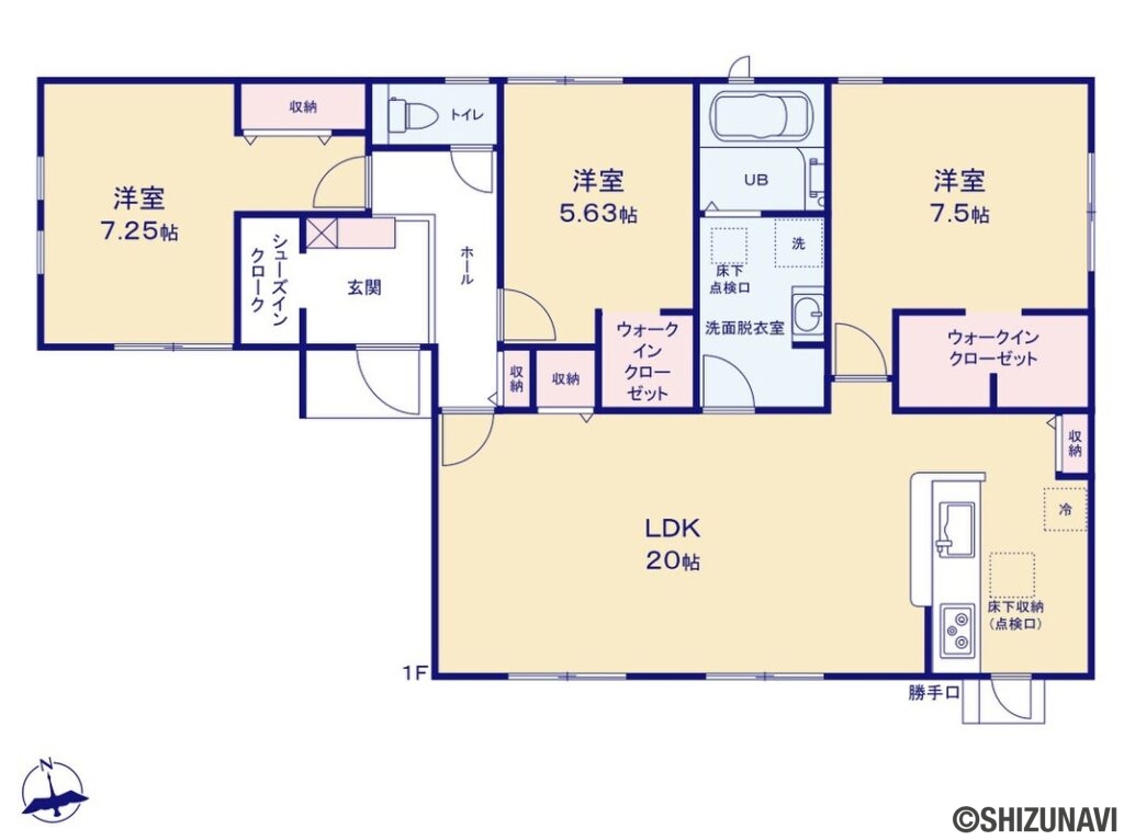 浜松市中央区瓜内町　新築戸建ての新築一戸建て3LDK（リビングダイニングキッチン約20帖、洋室約7.5帖・約7.25帖・約5.63帖）