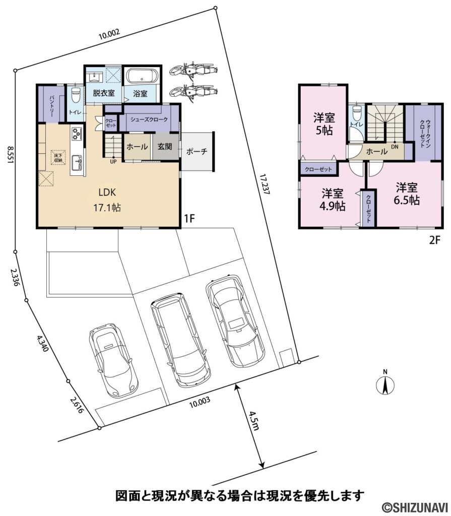 島田市大柳　築2年中古住宅の3LDK＋S（LDK17.1帖
洋室6.5帖、5帖、4.9帖
WIC
SIC）の間取り図