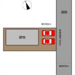 【区画図】駐車場間口は約6m、奥行約6mです。前面道路の交通量は少ないため、入出庫も落ち着いてできます。