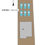 【区画図】敷地と建物、駐車場の配置を示した図です。