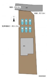 【区画図】敷地と建物、駐車場の配置を示した図です。