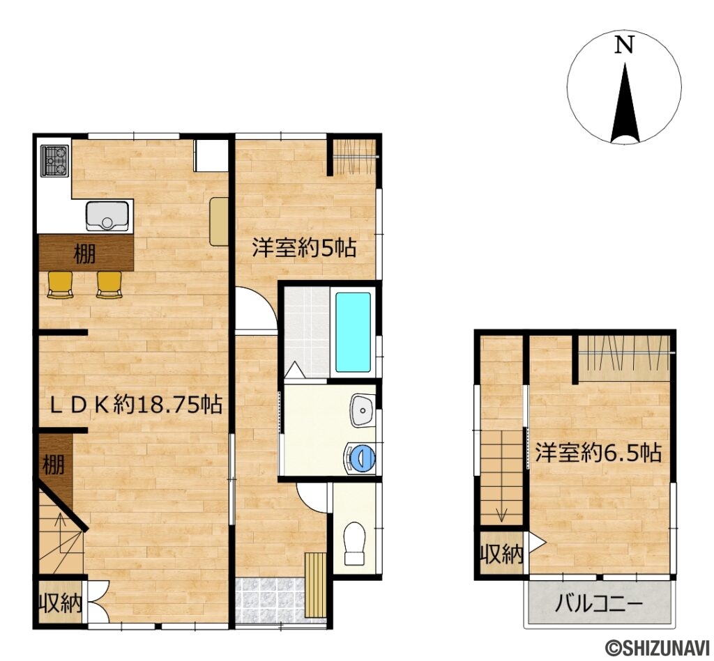 袋井市浅羽　中古住宅の中古住宅2LDK（リビングダイニングキッチン約18.75帖、洋室約6.5帖・約5帖）