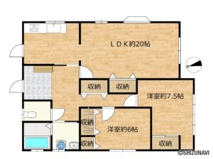 【リフォーム後/間取り図】2LDKの平屋建て。和室の部屋を洋室へ変更しました。各居室・廊下・LDKに収納があり、収納には困りませんね。