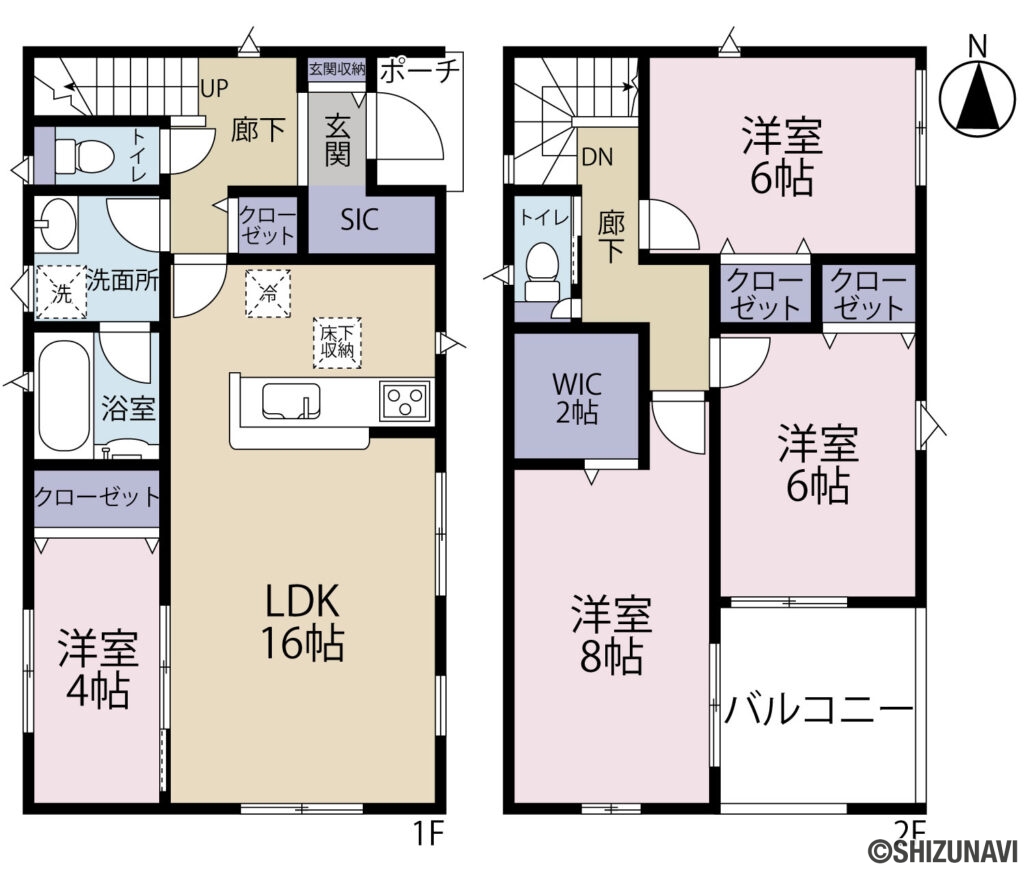 浜松市中央区下石田町　新築戸建ての新築一戸建て4LDK（リビングダイニングキッチン約16帖、洋室約8帖・約6帖・約6帖・約4帖）