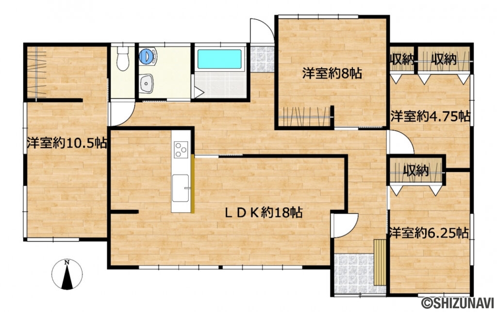 【間取り図】和室は全て洋室へと変更し、3LDKの平家となりました。各部屋収納付きのお家でゆったりと生活できそうですね。