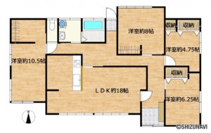 【間取り図】和室を洋室に変更するなどのリフォーム工事を行います。各部屋収納付き4LDKの平屋建てのお家でゆったりと生活できそうですね。