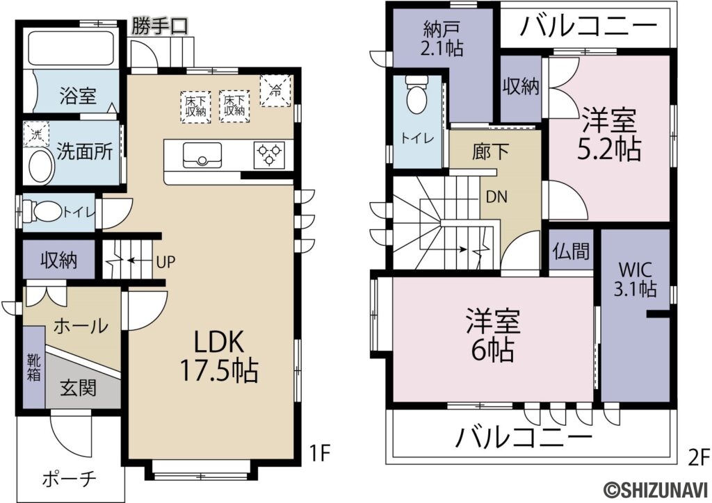 富士市五貫島　中古住宅の中古住宅2LDK＋2S（1階：LDK 17.5帖／
2階：洋室 6帖+WIC3.1帖・洋室 5.2帖・納戸 2.1帖）