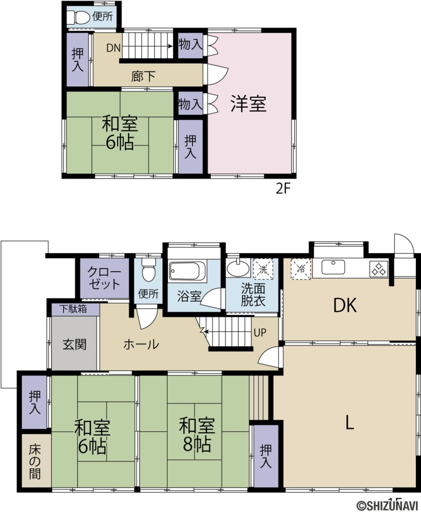 浜松市中央区西山町　中古戸建ての中古住宅4LDK＋S（リビングダイニング、和室6帖、8帖、納戸、洋室7.5帖、和室6帖）