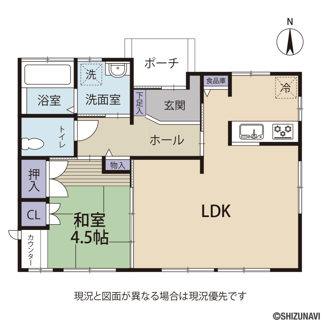 清水区入江1丁目の平屋の1LDK（LDK17.3帖、和室4.5帖）の間取り図