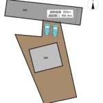 【区画図】敷地と道路の関係図です。並列２台駐車可能です。建物南側に広くお庭が取れていますので、ガーデニングや家庭菜園を楽しんでいただけます。