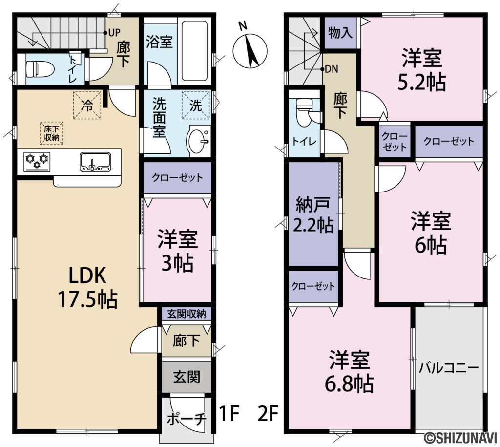 浜松市中央区泉　新築戸建ての新築一戸建て4LDK（リビングダイニングキッチン約17.5帖、洋室約6.8帖・約6帖・約5.2帖・約3帖）