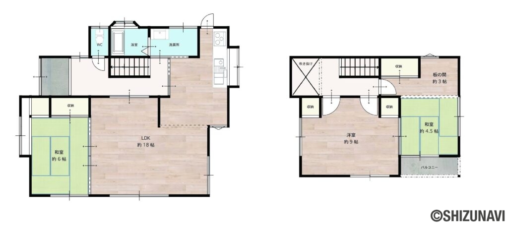 袋井市愛野　中古住宅の中古住宅3LDK（リビングダイニングキッチン約18帖、洋室約9帖、和室約6帖・約4.5帖）