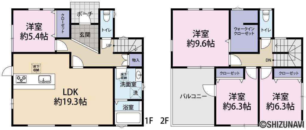 浜松市中央区半田山3丁目　4LDK　オール電化住宅の4LDK（リビングダイニングキッチン約19.3帖、洋室約9.6帖・約6.3帖・約6.3帖・約5.4帖）の間取り図