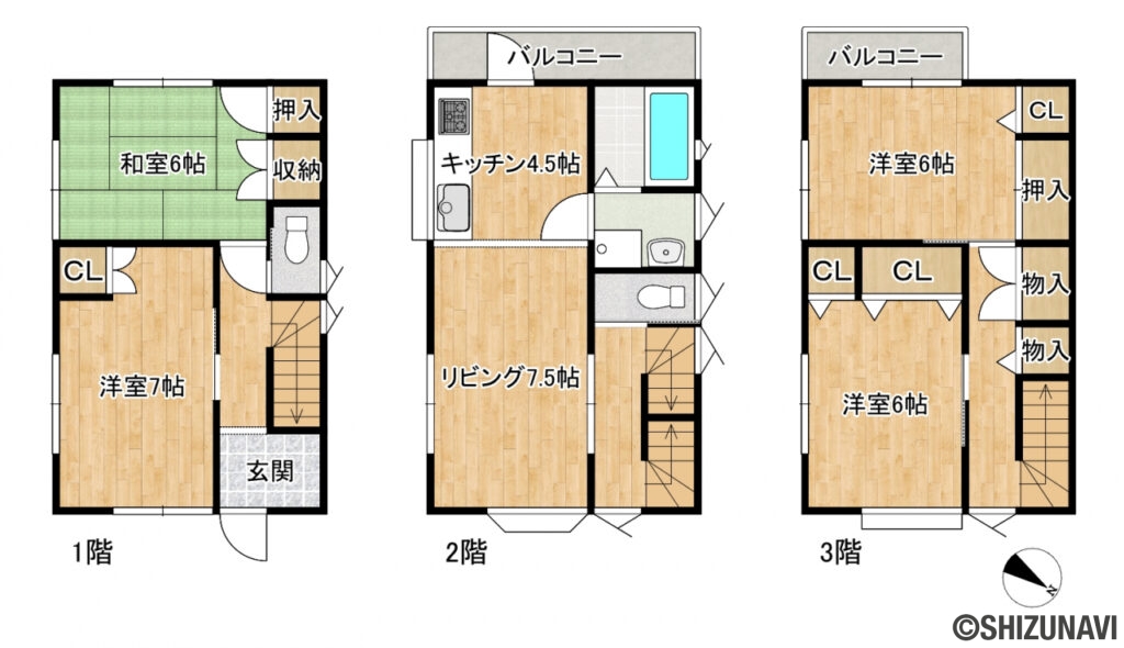 清水区下野東　間取図の中古住宅4LDK（1階：洋室7帖、和室6帖
2階：LDK12帖
3階：洋室6帖、6帖）