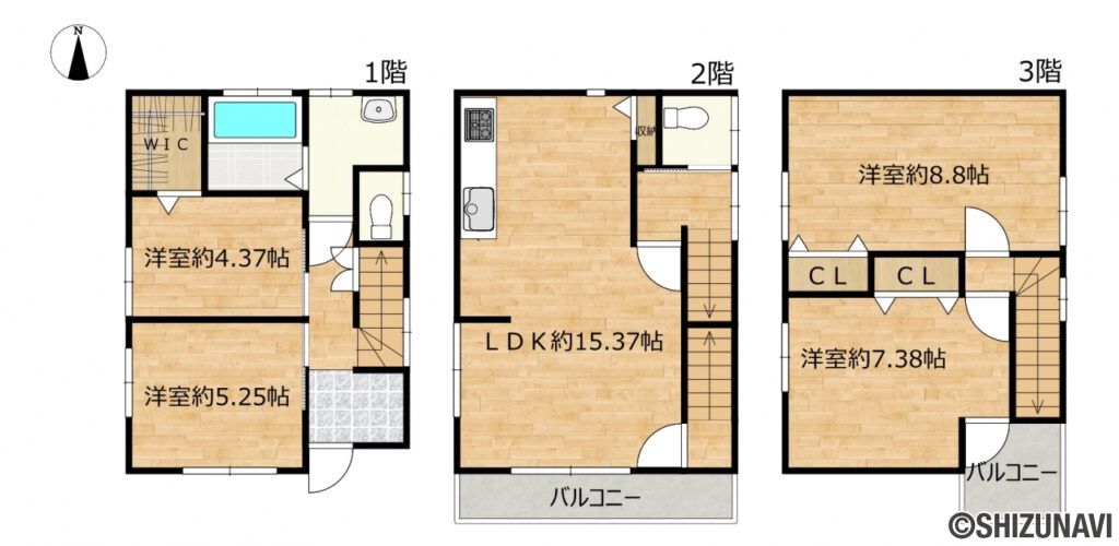 駿河区丸子　間取図の中古住宅4LDK（1階：洋室5.25帖、4.37帖
2階：LDK15.37帖
3階：洋室8.8帖、7.38帖
）