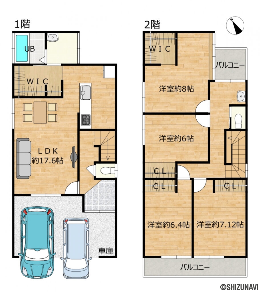 葵区幸町　間取図の中古住宅4SLDK（1階：LDK17.6帖
2階：洋室8帖、7.12帖、6.4帖、6帖）