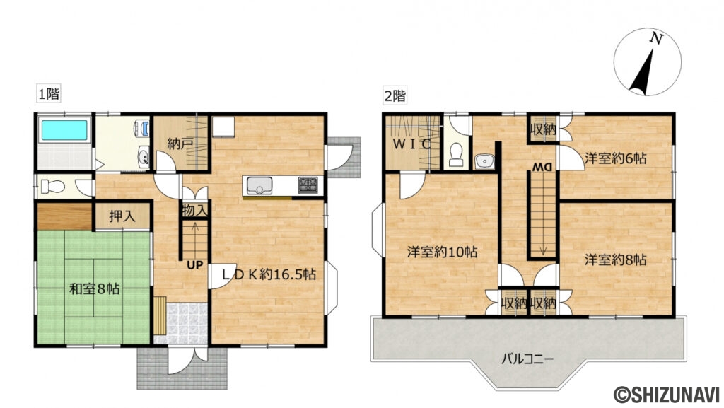 磐田市福田　中古住宅の中古住宅4LDK（リビングダイニングキッチン約16.5帖、洋室約10帖・約8帖・約6帖、和室約8帖）