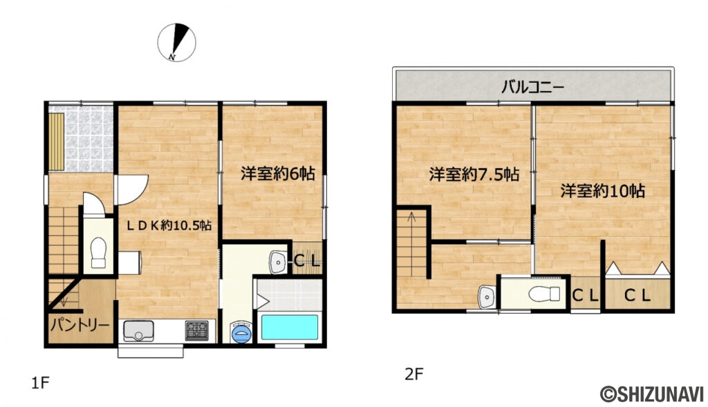 【リフォーム後間取図（予定）】1階は和室を洋室に変更、キッチン、浴室、トイレ、洗面台の交換、フローリング上張り、建具交換、クロスの張替えを行う予定です。2階はクロスの張替えのみ行う予定です。南側が駐車場となっているため、日当たり、風通しの良い住宅となっております。