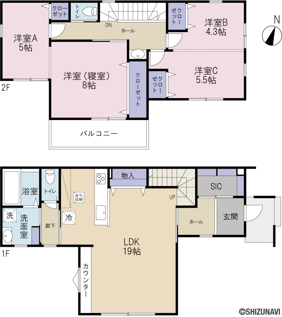 【間取図】清水区八坂西町の新築一戸建て4LDK（1階：LDK19帖
2階：洋室A 5帖、洋室B 4.3帖、洋室C 5.5帖、洋室（寝室）8帖）