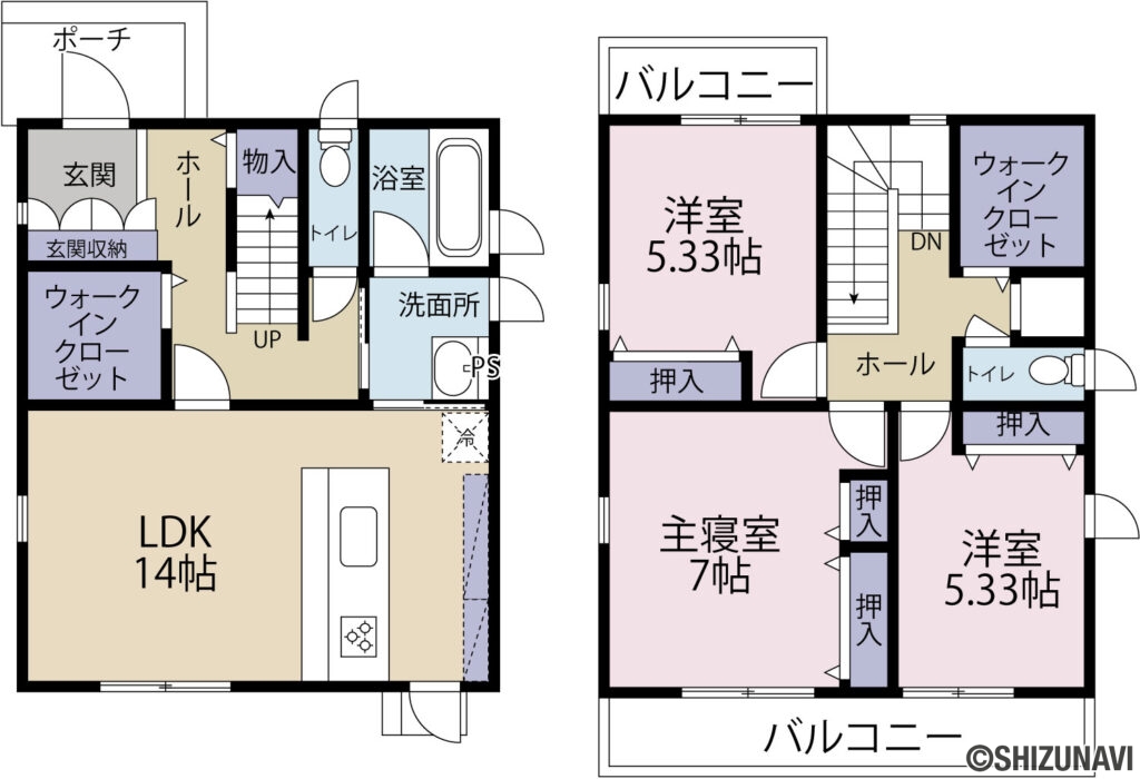 焼津市石津二丁目　中古住宅の3LDK（LDK:14帖
洋室：7帖
洋室5.3帖
洋室：5.3帖）の間取り図