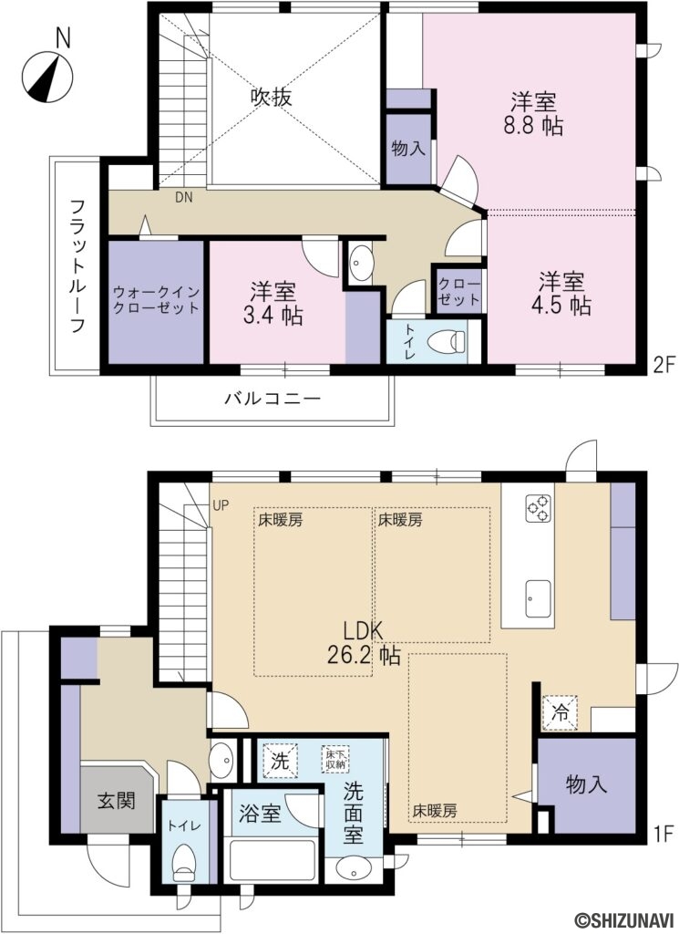 三島市塚原新田　戸建　間取図の中古住宅3LDK（LDK26.2帖、洋室8.8帖、洋室4.5帖、洋室3.4帖）