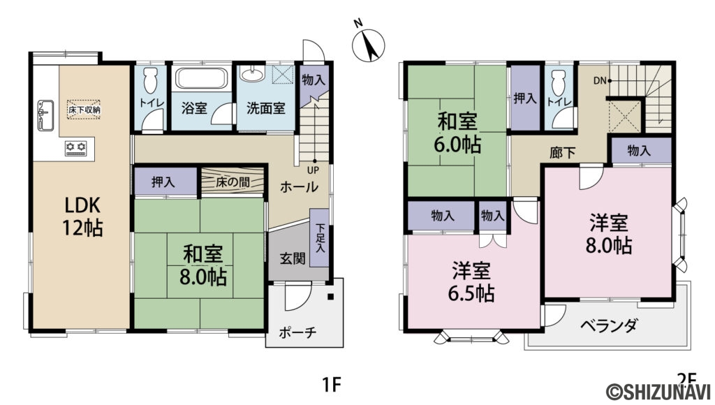 伊豆の国市寺家　4LDK　中古住宅の4LDK（1階　LDK12帖、和室8帖
2階　洋室8.0帖、洋室6.5帖、和室6帖）の間取り図