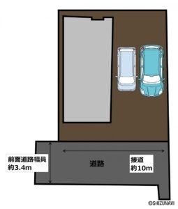 【RF後/区画図】居宅横の小屋を解体し、駐車場を造成いたしました。普通車1台、軽1台の合計2台分の駐車スペースがあります。