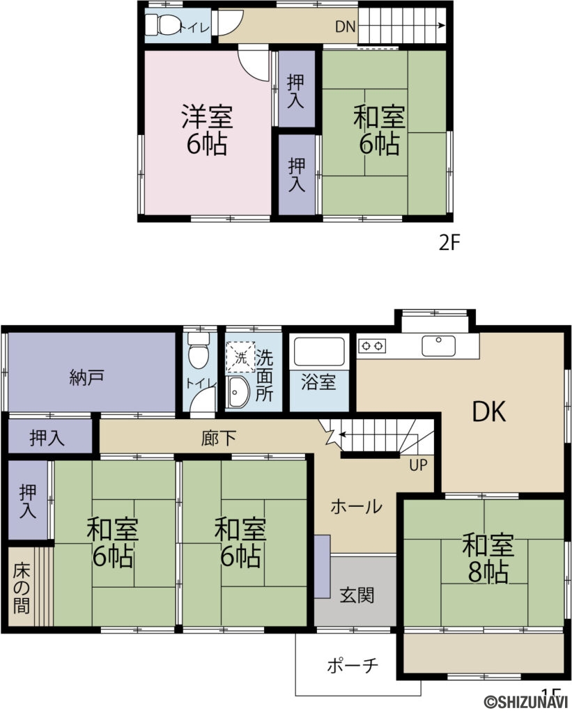 富士宮市中島町　中古住宅の中古住宅5SDK（1階：DK 8帖・和室 8帖・和室 6帖・和室 6帖・納戸／
2階：洋室 6帖・和室 6帖）