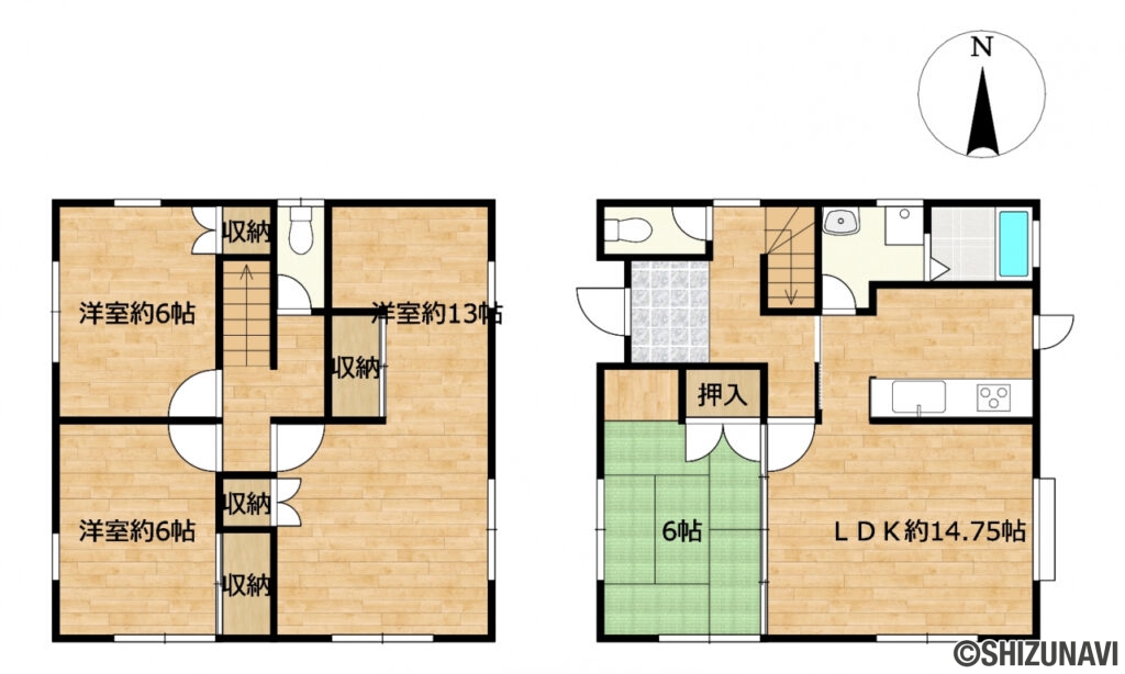 掛川市秋葉路　中古住宅の中古住宅4LDK（リビングダイニングキッチン約14.75帖、洋室約13帖・約6帖・約6帖、和室約6帖）