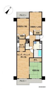 【間取り】和室のある3LDKの住戸です。水回り設備の交換、フローリング張替え、クロス張替え、照明交換等を行う予定です。