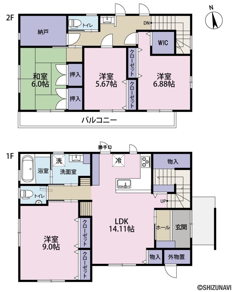 長泉町中土狩　中古戸建の中古住宅4LDK＋S（リビングダイニングキッチン約14.11帖・洋室約9.0帖・洋室約6.88帖・洋室約5.67帖・和室約6帖+納戸3帖）