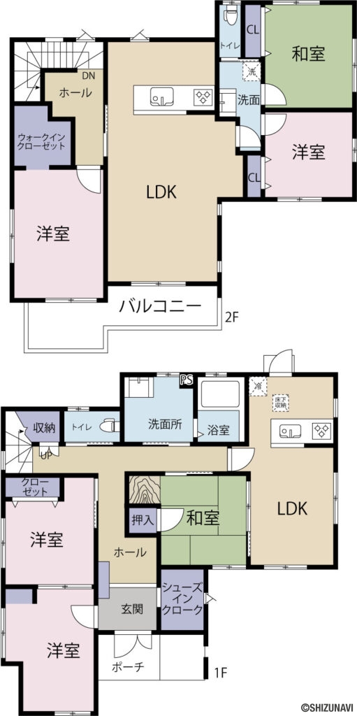 島田市中央町　中古住宅の6LDK（1階LDK：12.5帖　
1階洋間（南側）：6.9帖
1階洋間（北側）：5.5帖
1階和室：6帖
2階LDK：17.5帖
2階洋室（バルコニー側）：7.4帖
2階洋室：6帖
2階和室：6帖）の間取り図