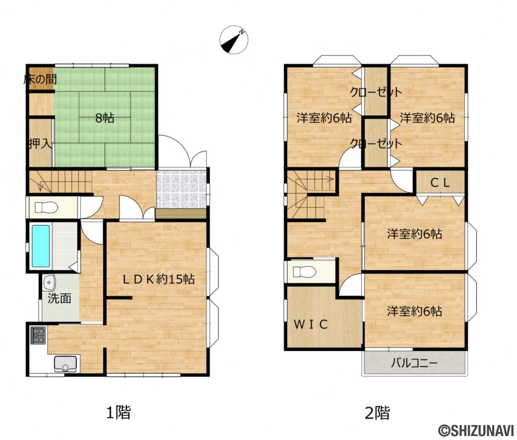 間取図の中古住宅5LDK（1階：LDK15帖
2階：洋室6帖、6帖、6帖、6帖）