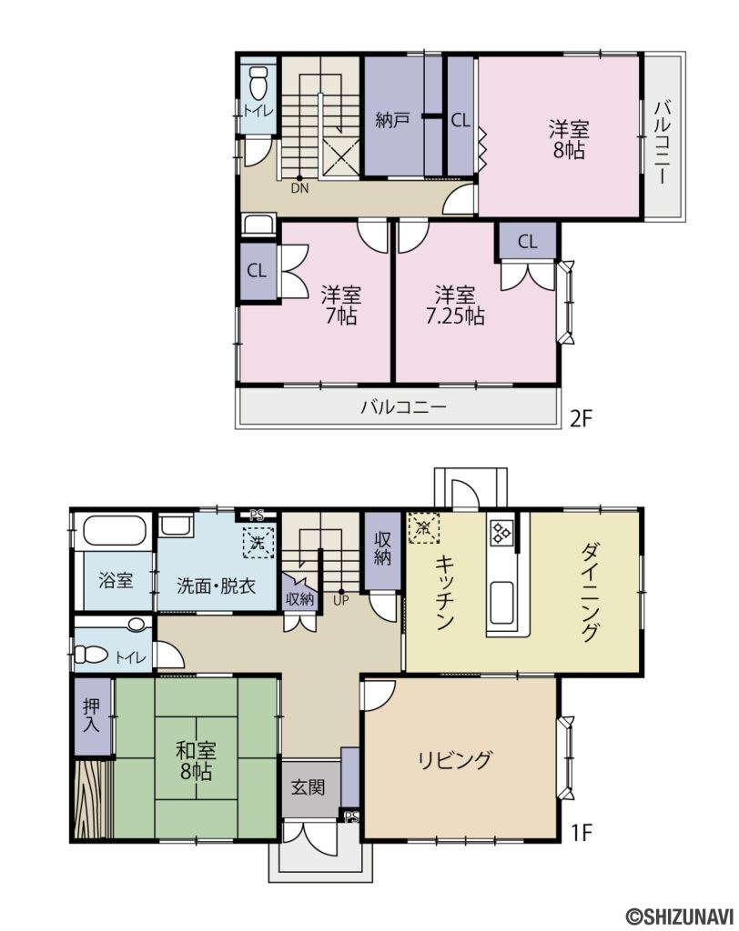 富士市宮島　パナホーム施工　中古住宅の4LDK＋S（リビング・ダイニングキッチン・和室8帖・洋室7帖・洋室7.25帖・洋室8帖・+納戸）の間取り図