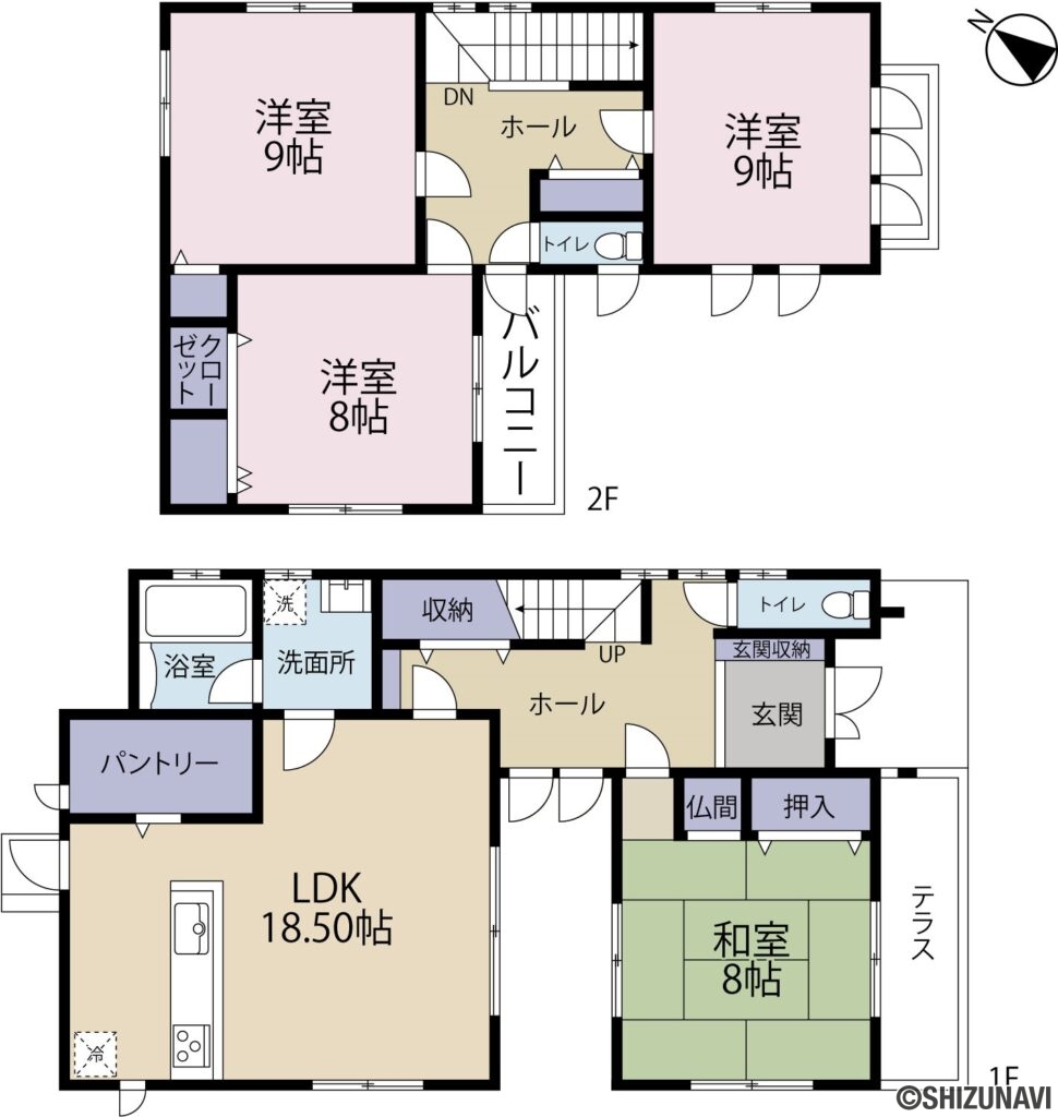 【葵区田町】テラスと中庭のある4LDKの4LDK（1階：LDK18.5帖、和室8帖
2階：洋室8帖、洋室9帖×2）の間取り図