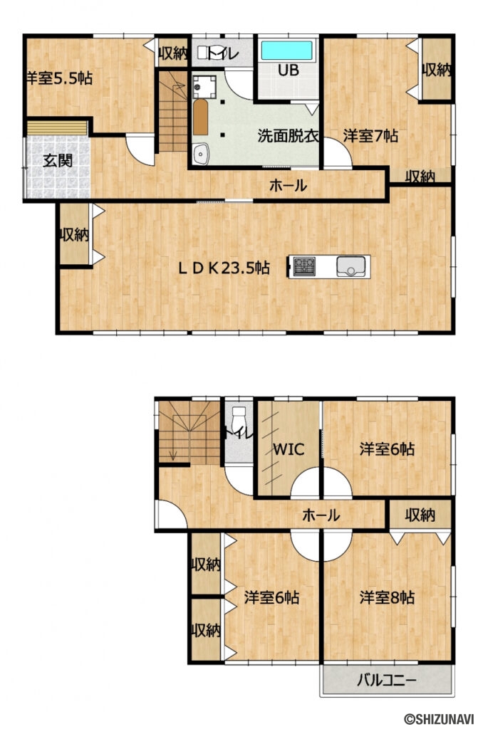 清水区能島　間取図の中古住宅5LDK（1階：LDK23.5帖、洋室7帖、5.5帖
2階：洋室8帖、6帖、6帖）