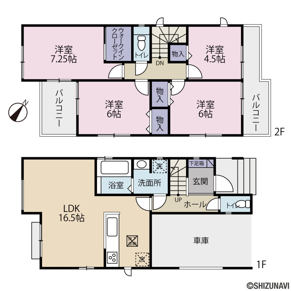 清水区梅ヶ谷6期　間取図の新築一戸建て4LDK（1階：LDK 16.5帖
2階：洋室7.25帖、6帖、6帖、4.5帖
）