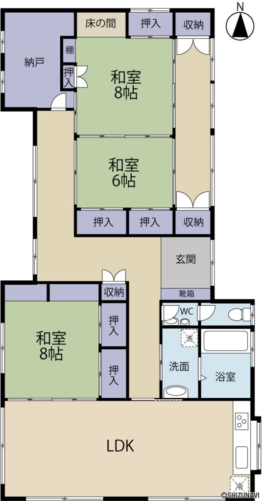 焼津市大村新田　中古住宅の3LDK＋S（LDK 20 和室8　和室8　和室6　納戸4）の間取り図
