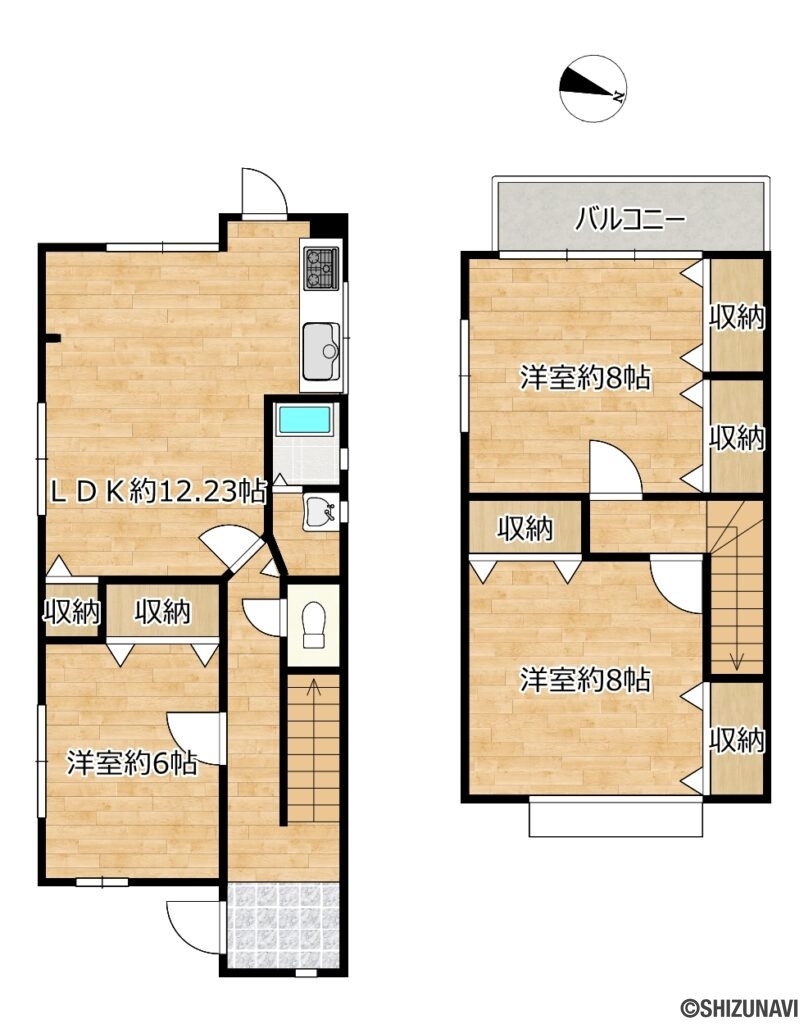 葵区桜町1丁目　間取図の中古住宅3LDK（1階：LDK12.23帖、洋室6帖
2階：洋室8帖、8帖）