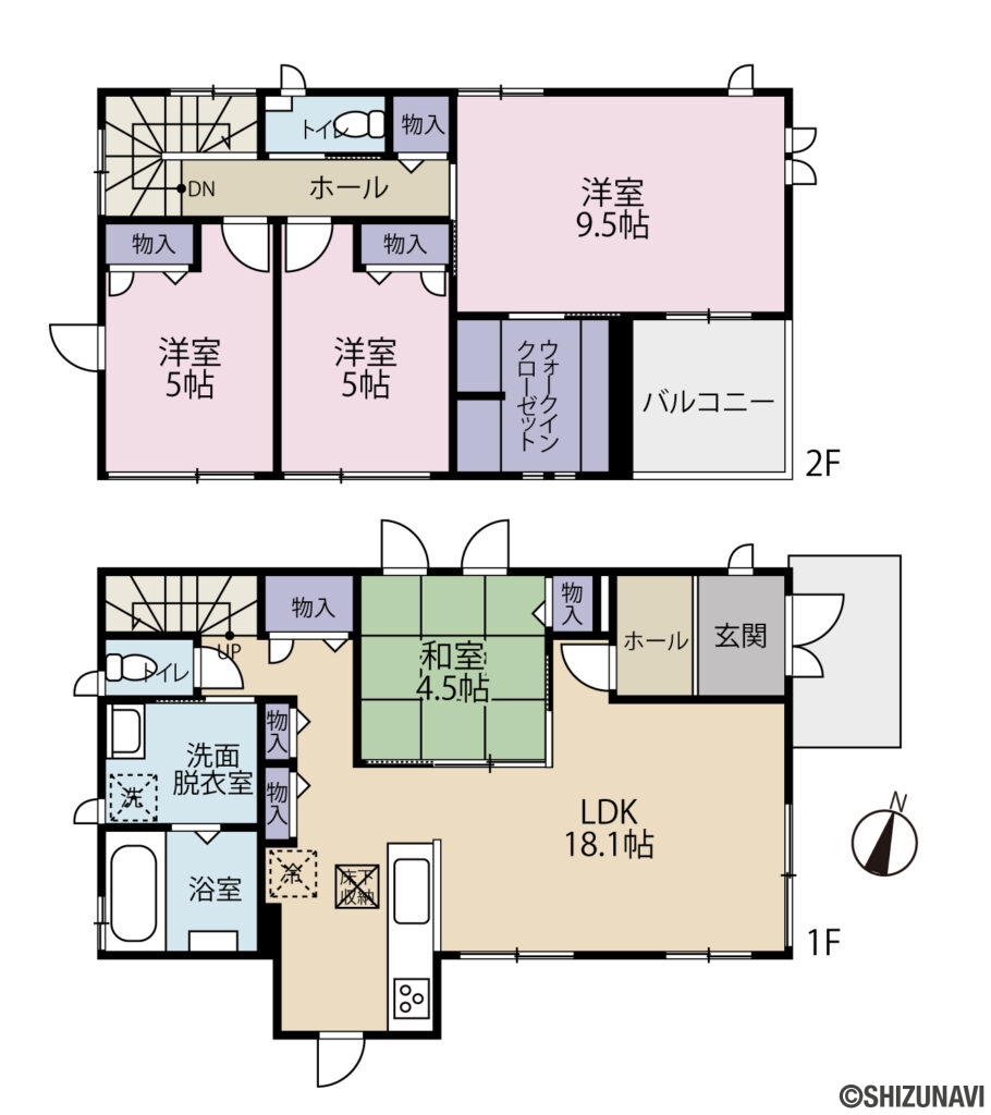 富士市松岡　戸建て　間取りの中古住宅4LDK（洋9.5・洋5・洋5・和4.5・LDK18.1）