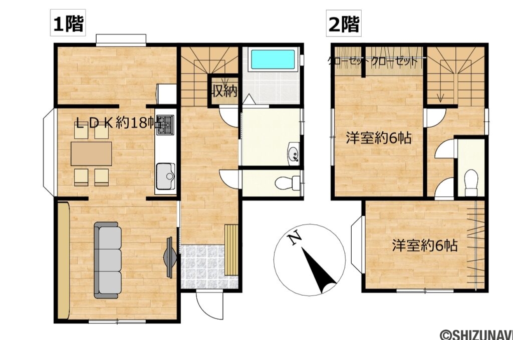 【リフォーム後/間取図】間取りは2LDKの二階建てです。LDKはパントリー部分を含めると約18帖あります。