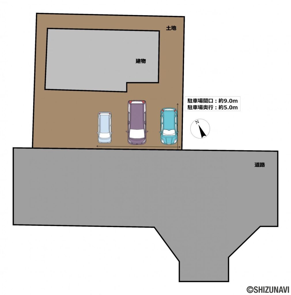 【区画図】駐車場は現状1台分。庭部分は一部駐車場に変更し、並列3台駐車可能になる予定です。