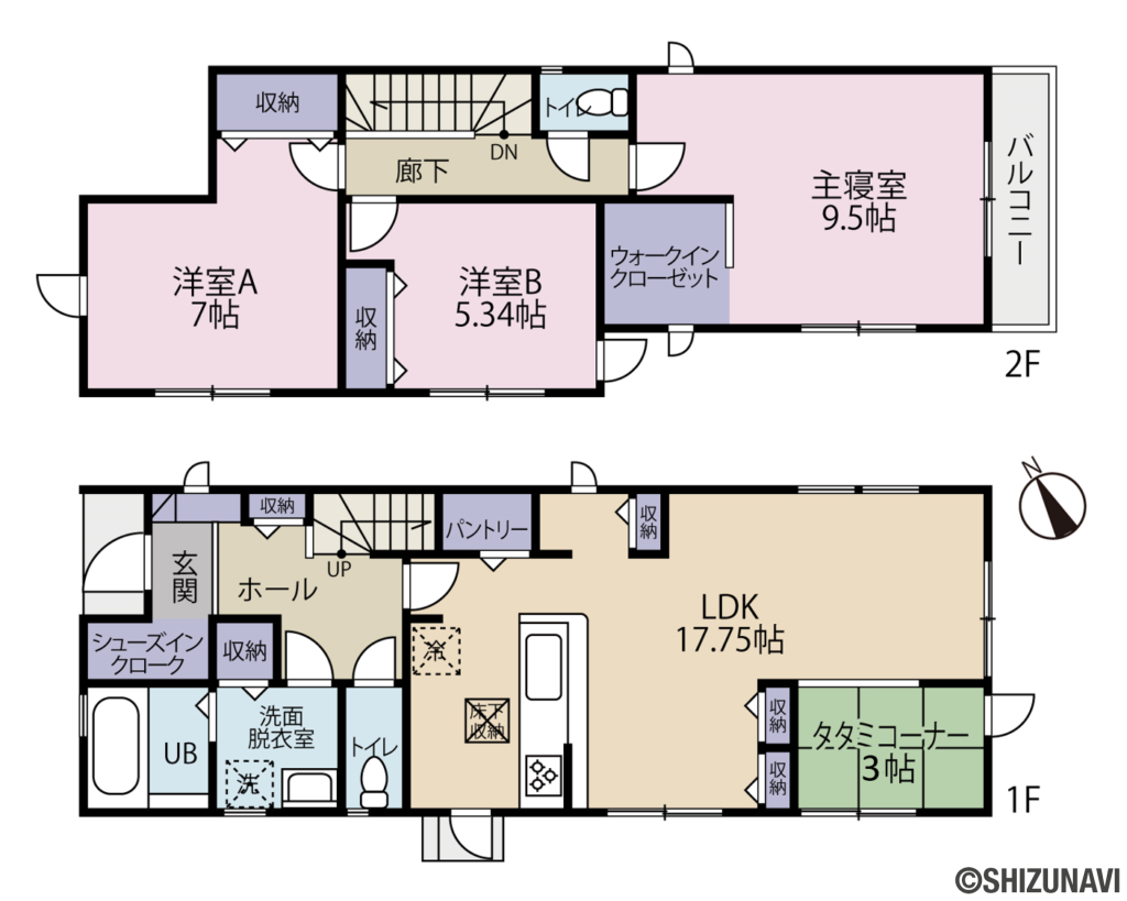 浜松市中央区西美薗　中古戸建ての中古住宅3LDK＋S（LDK17.75帖、畳コーナー3帖、主寝室9.5帖、洋室A　7帖、洋室B　5.34帖、ウォークインクローゼット）