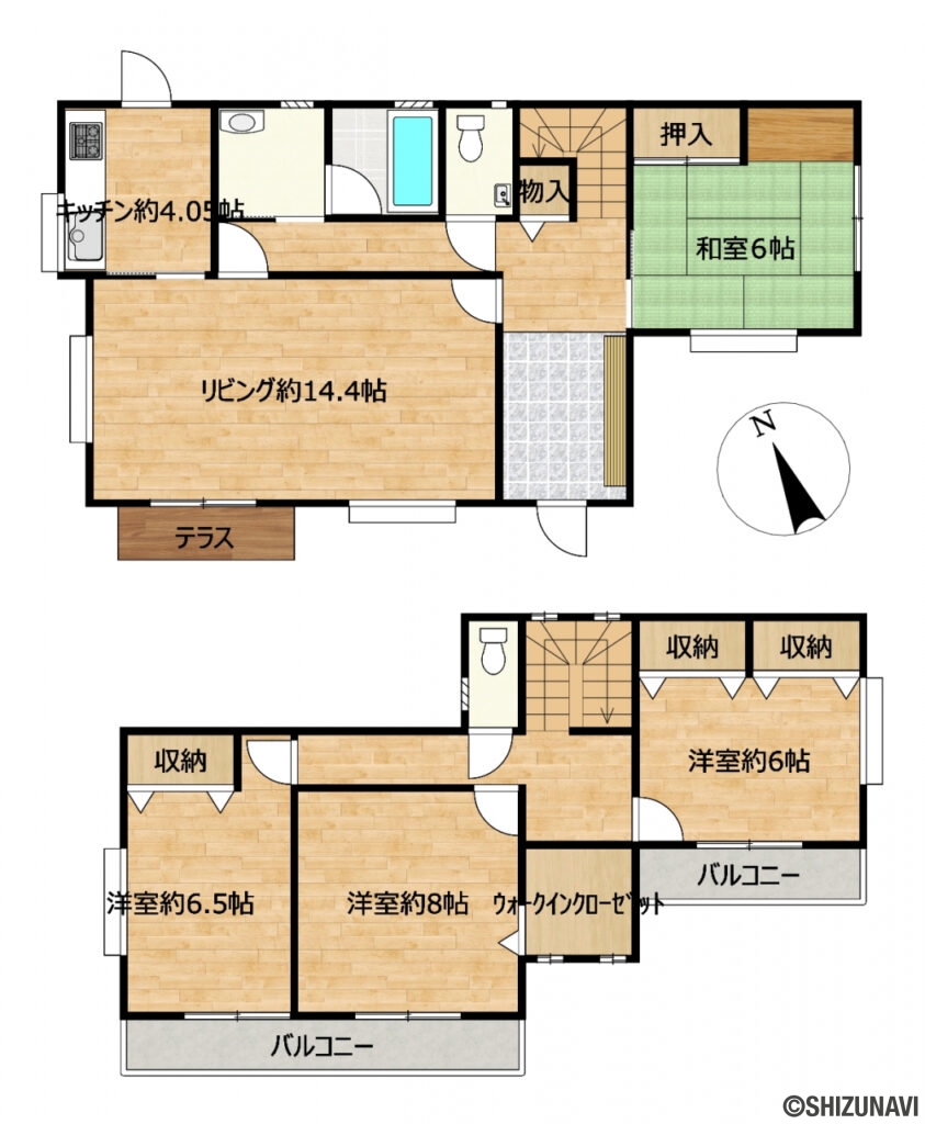磐田市池田　中古住宅の中古住宅4LDK（リビングダイニングキッチン約18.45帖、洋室約8帖・約6.5帖・約6帖、和室約6帖）