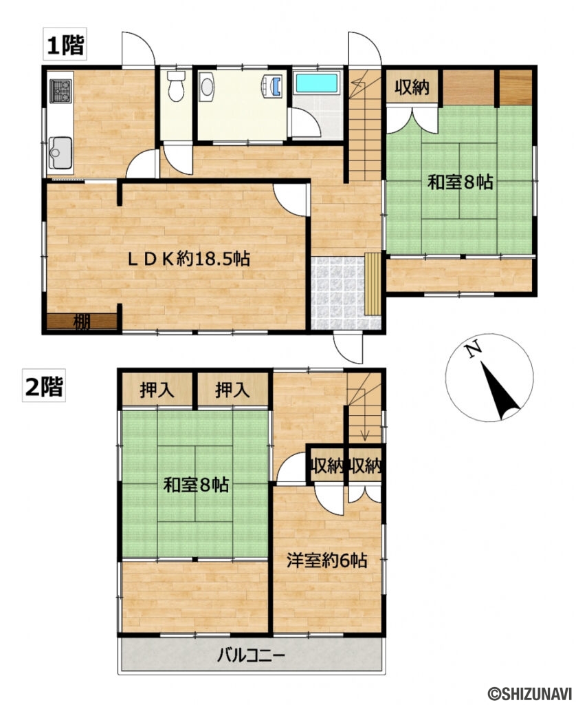 浜松市浜名区東美薗　中古住宅の中古住宅3LDK（リビングダイニングキッチン約18.5帖、洋室約6帖、和室約8帖・約8帖）