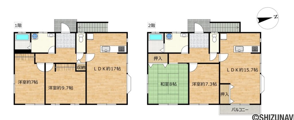 【リフォーム予定／間取図】1階：水回り交換、フローリング張り、壁天井クロス張替え、照明交換、クリーニング　2階：一部壁クロス張替え、クリーニングを行います。