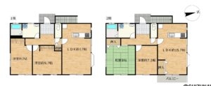 【リフォーム予定／間取図】1階：水回り交換、フローリング張り、壁天井クロス張替え、照明交換、クリーニング　2階：一部壁クロス張替え、クリーニングを行います。