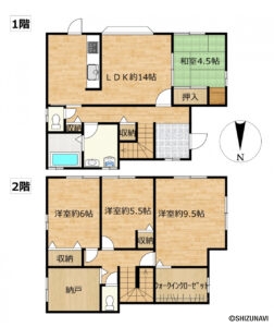 【間取り図】1階に和室が1部屋ある4SLDKの建物です。ウォークインクローゼットや納戸があるので収納力も兼ね備えた間取りです。