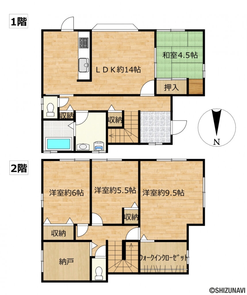【間取り図】1階に和室が1部屋ある4SLDKの建物です。ウォークインクローゼットや納戸があるので収納力も兼ね備えた間取りです。